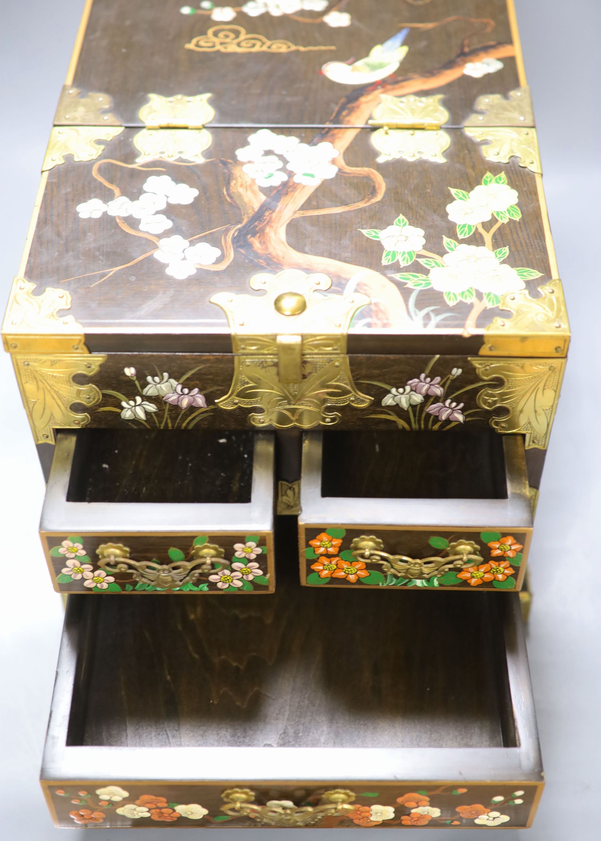 A Chinese wood and polychrome lacquer dressing box, 37cm